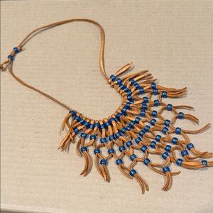 Handcrafted Tan and Blue Beaded Adjustable Necklace
